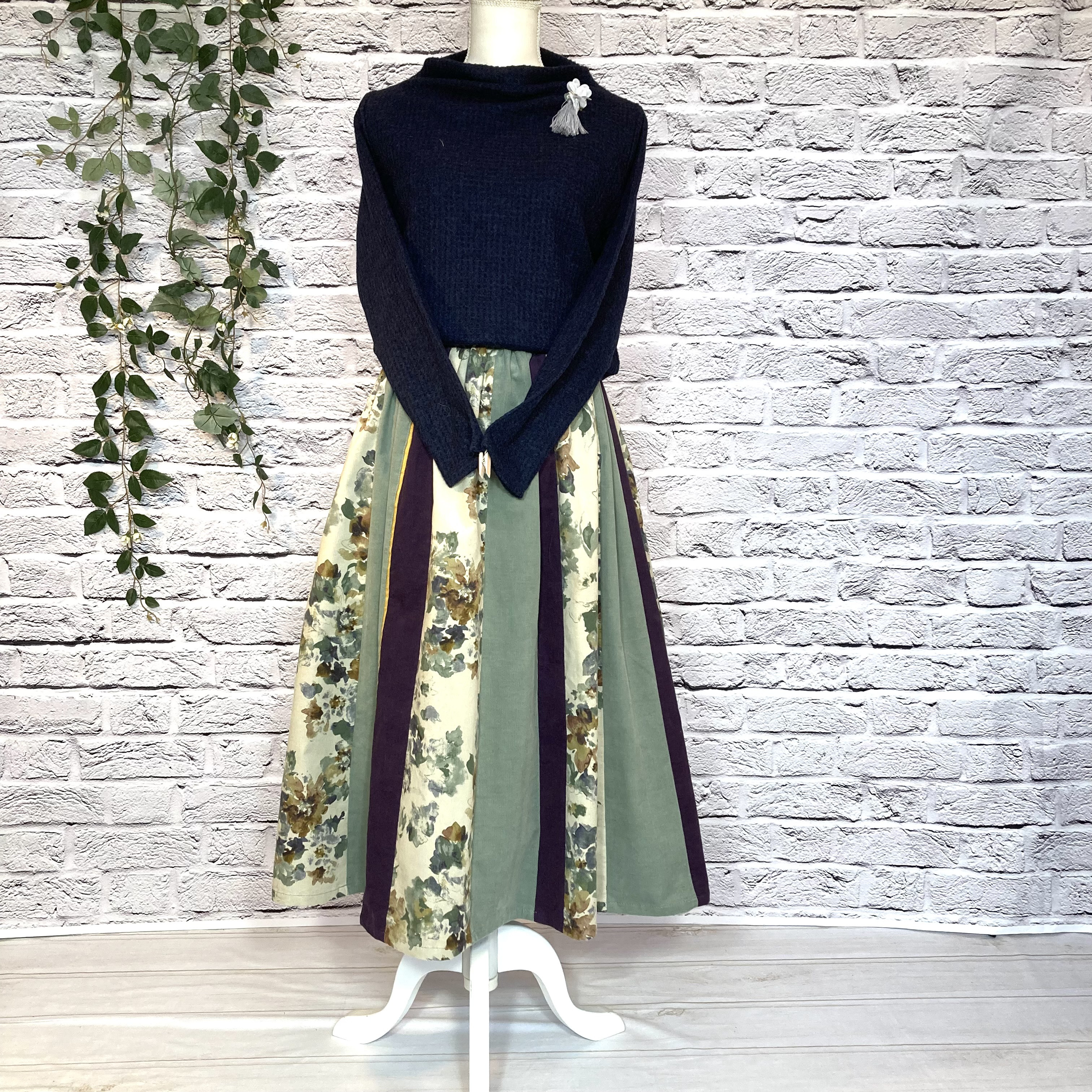 受注製作♡Hokkoh水彩風フラワー＆カラーズのコーデュロイはぎスカートby彩苺[Ｍ2474]