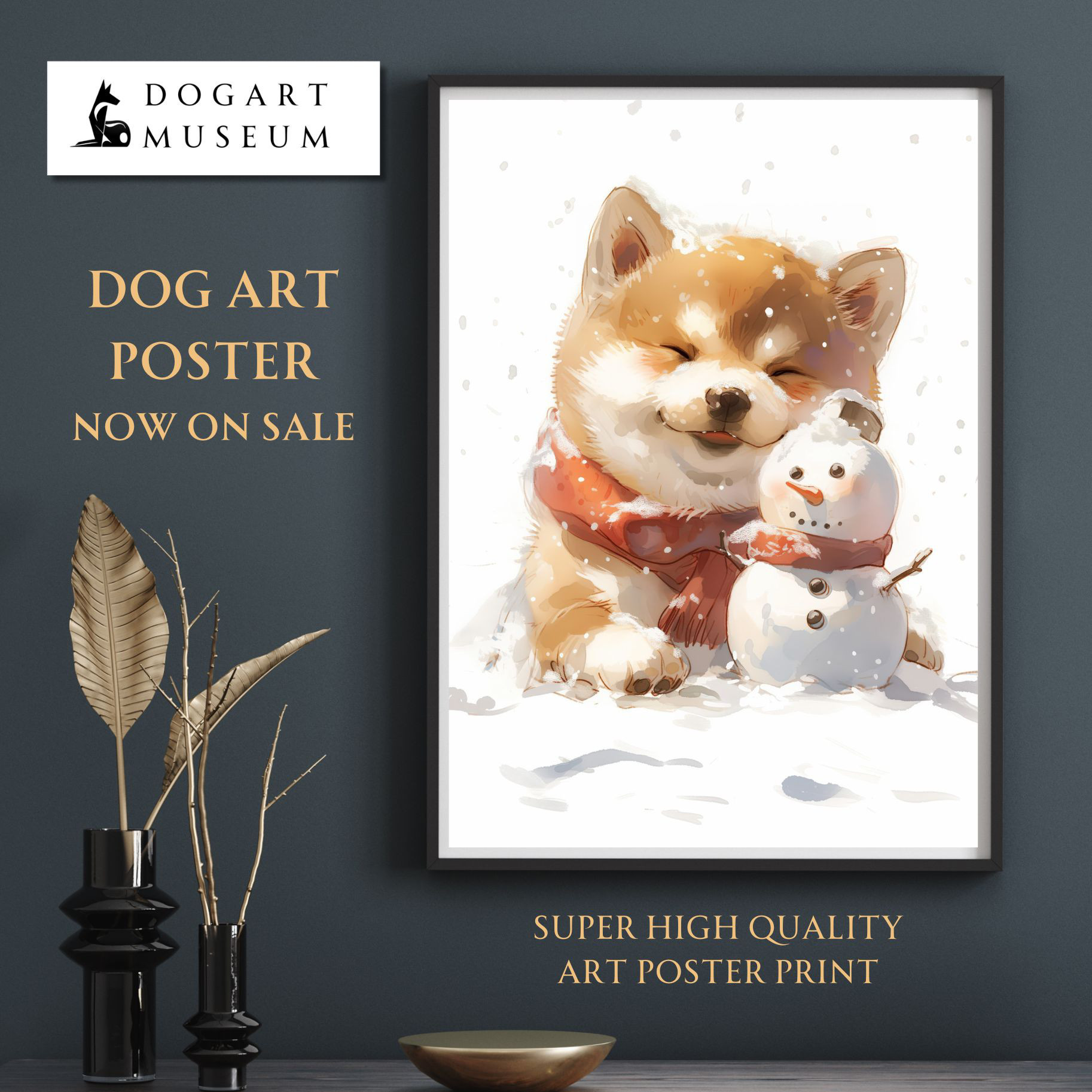 絵画。原画手描き【雪が降る冬、かわいい犬と猫の楽しい写真記念】