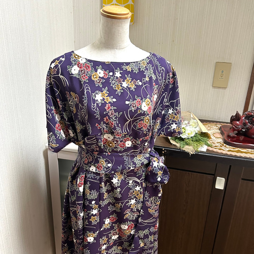 黒 総絞り フリルスリーブワンピース&リボンベルト 着物リメイク