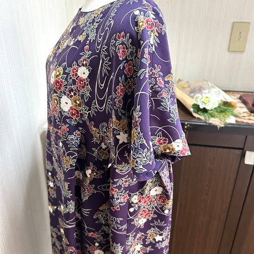 振袖リメイクワンピース 着物 花柄 紫 ピンク　絹 絹 丹後ちりめん ハイウエスト ワンピース リボンベルト付き