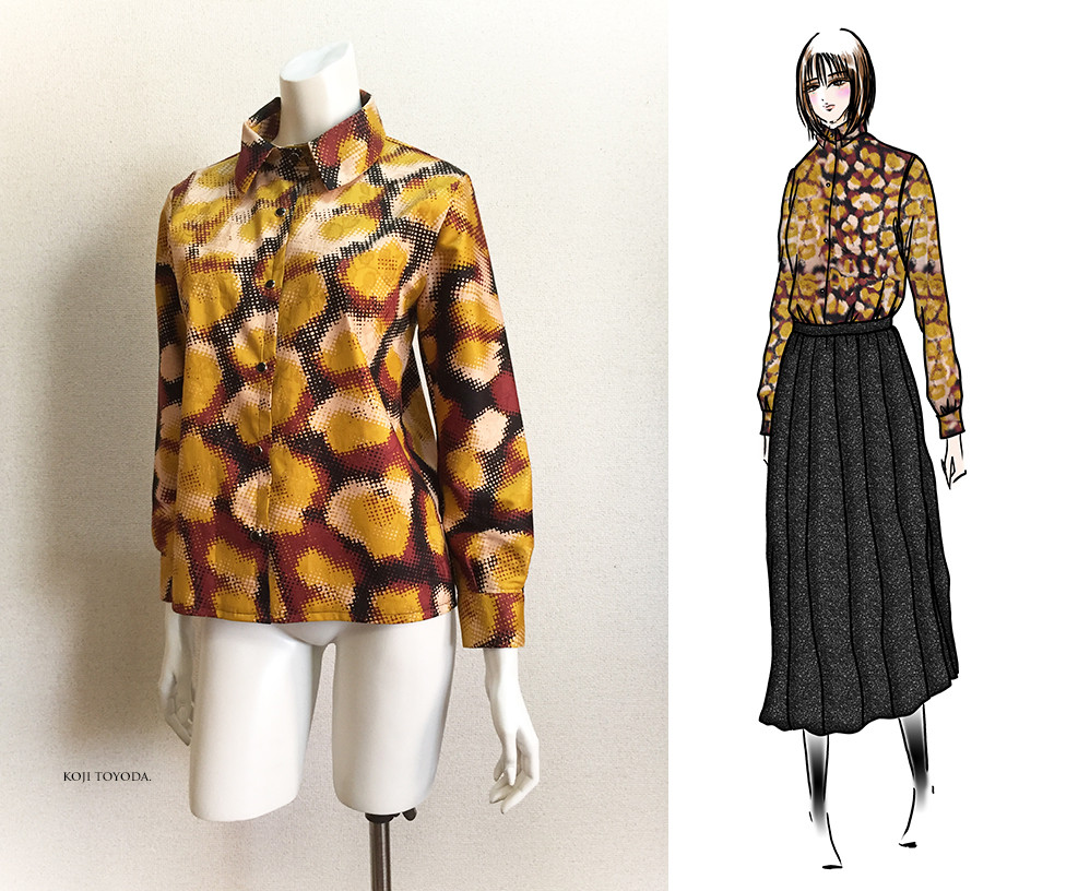 【1点もの・デザイン画付き】日本製綿プリントストレッチジャガード生地ブラウス（KOJI TOYODA）