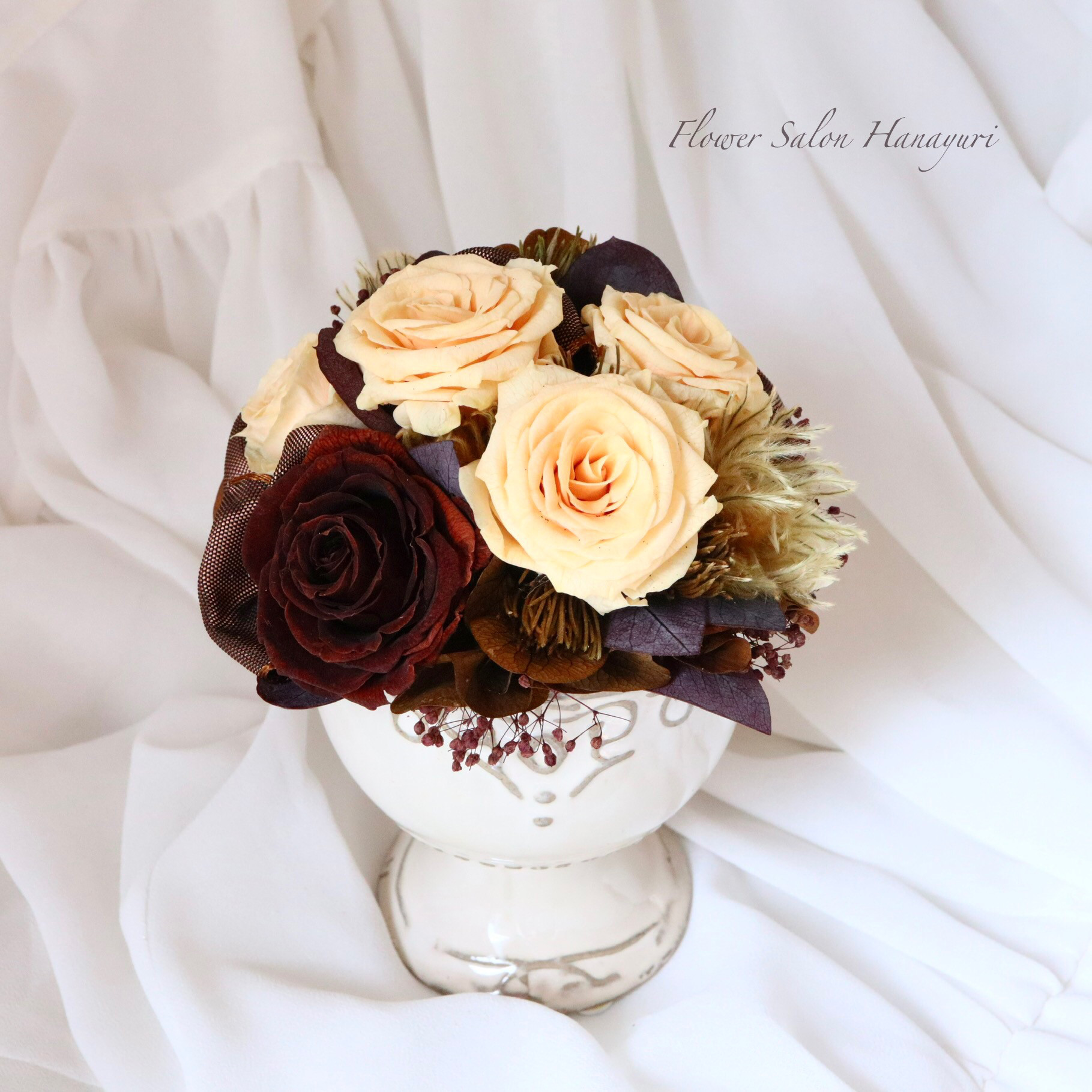 プリザーブドフラワー　オレンジ×カフェ　アンティーク風　置き型　ポットタイプ　誕生日記念日　お祝い　ギフト