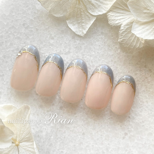 no.5 涼しげブルーラメのフレンチネイル ネイルチップ（つけ爪