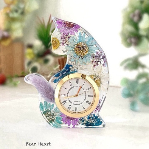レジン製 猫置き時計【プリザーブドフラワー】【ドライフラワー