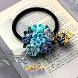 ヘアゴム＊ハーフシュシュ◇花柄ミックスブルー◯スワロフスキー