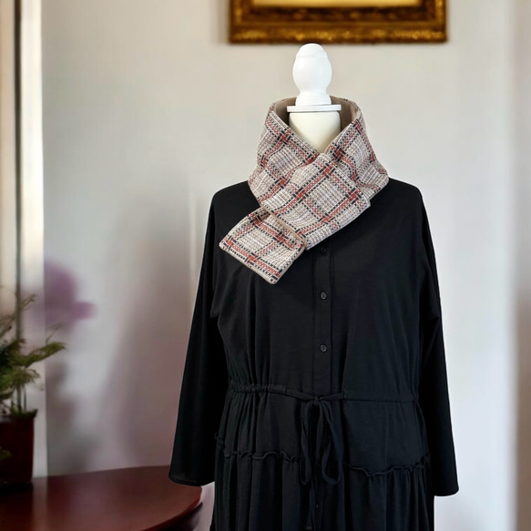 フランス製/チェック柄ツイード◆コンパクトマフラー 3枚目の画像