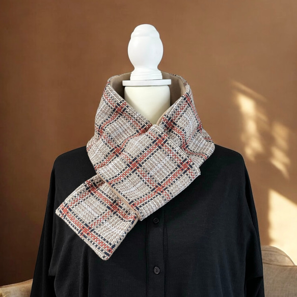 フランス製/チェック柄ツイード◆コンパクトマフラー 1枚目の画像