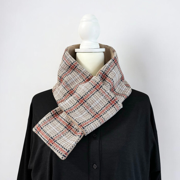 フランス製/チェック柄ツイード◆コンパクトマフラー 4枚目の画像