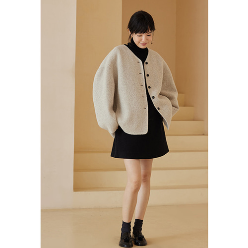 ウール混紡ジャケット Vネックツイード生地ジャケット ゆとりあり