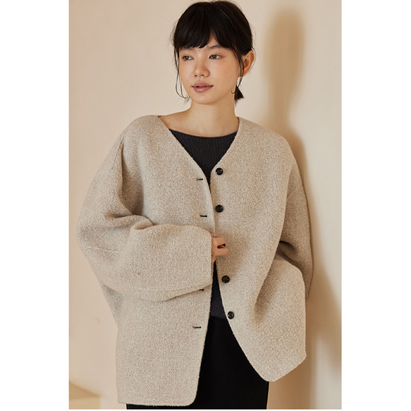 ツイードVネックロングジャケット　グレージュ URBAN RESEARCH DOORS｜ツィードVネックロングジャケット