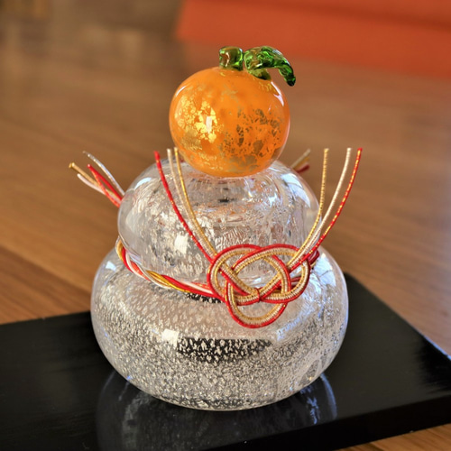 金箔ミカンのガラスのお鏡餅 【選べるみかん】水引付き♪ 鏡餅 Glass