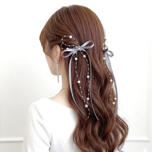 75cm【2点セット】【パール付】サテンリボン ポニーフック