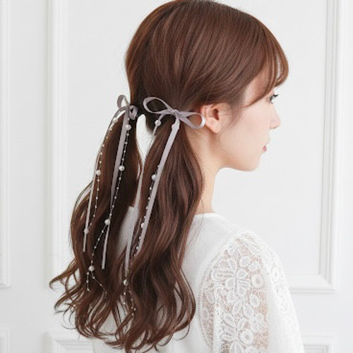 75cm【2点セット】【パール付】サテンリボン ポニーフック
