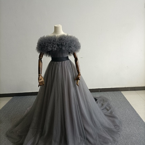 オフショルダー レース パーティードレス グレー 7/12まで】グレー