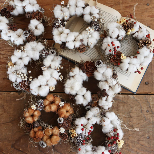 カラーが選べる♪ コットンフラワーと木の実のリース ＊ ドライ