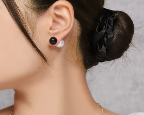 再販】3way天然石ボールピアス10㎜《オニキス》(パール&ゴールド