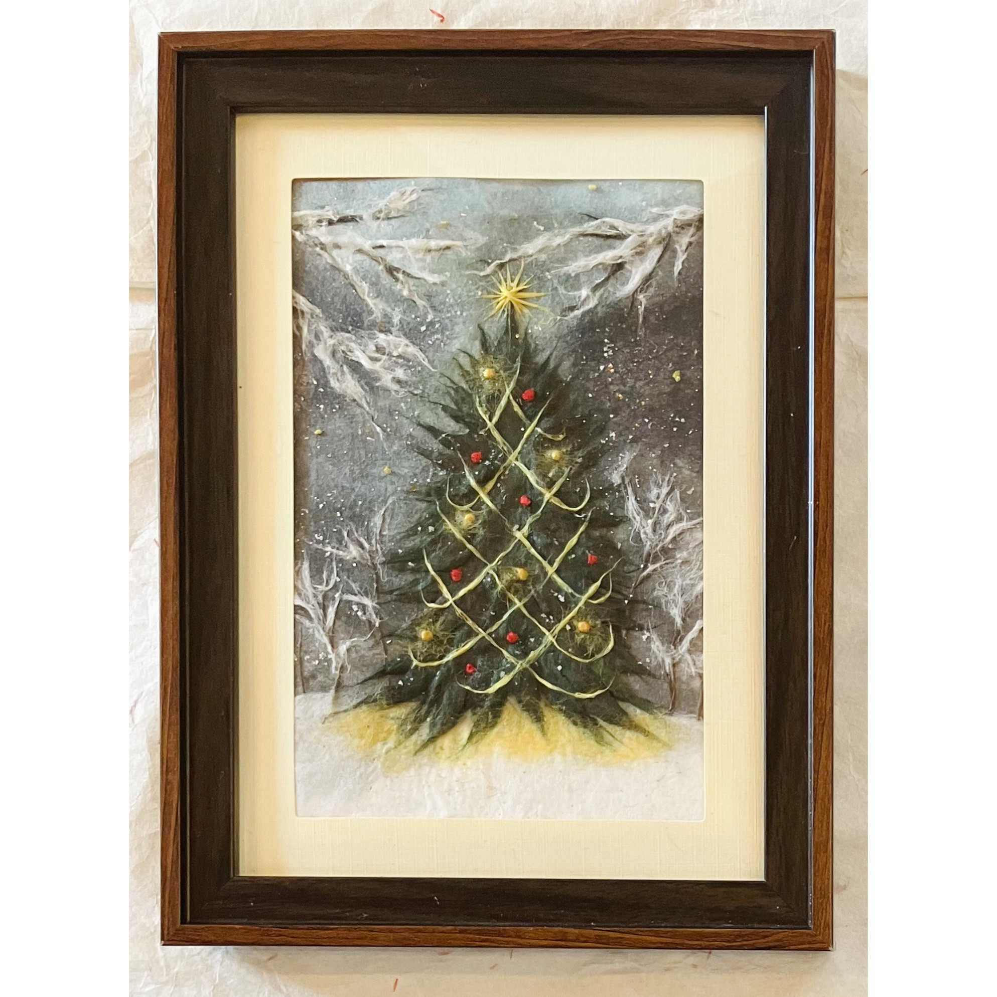 和紙ちぎり絵『森のクリスマスツリー』葉書サイズ原画 切り絵 彩