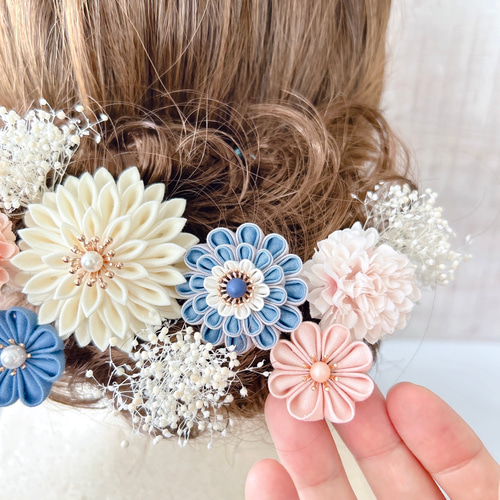 つまみ細工髪飾り【ブルー×ピンク】くすみカラー 成人式 七五三 和装