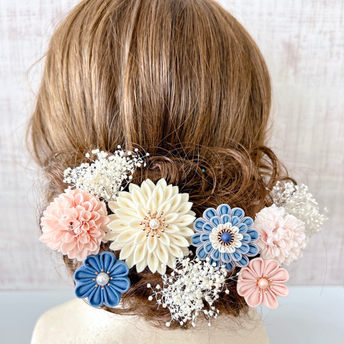 つまみ細工髪飾り【ブルー×ピンク】くすみカラー 成人式 七五三 和装