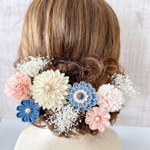 つまみ細工髪飾り【ブルー×ピンク】くすみカラー 成人式 七五三 和装
