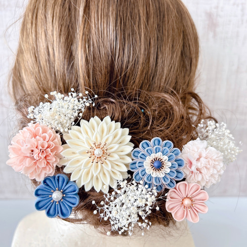 つまみ細工髪飾り【ブルー×ピンク】くすみカラー 成人式 七五三 和装