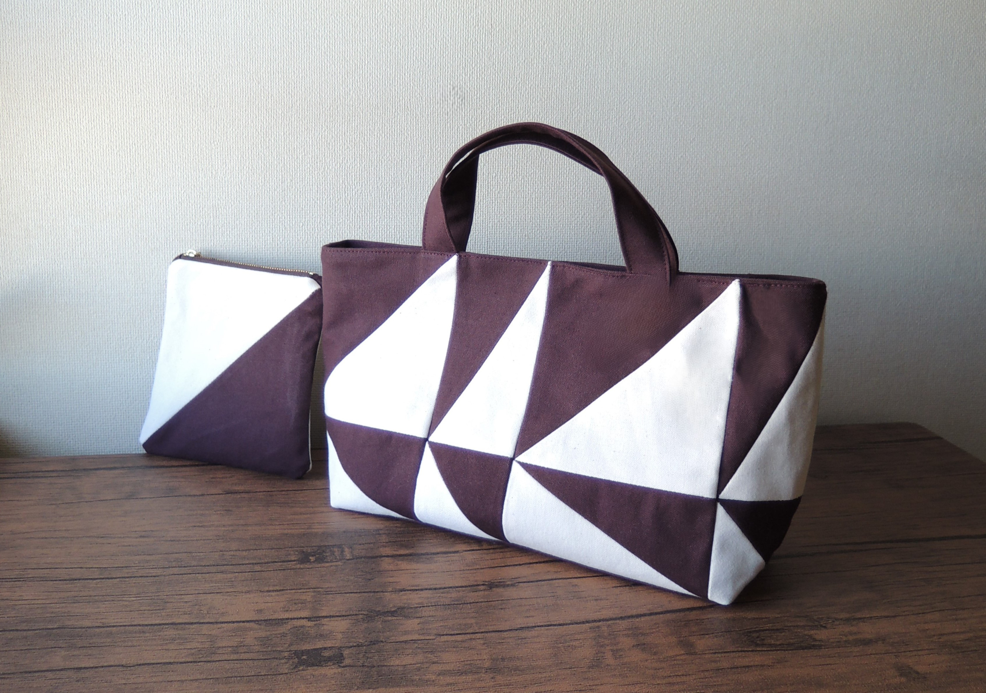ｍosaicトート(bordeaux×ecru)&ポーチセット【11号帆布】