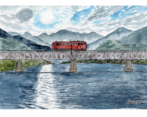 原画一点物 「鉄橋を渡るディーゼルカー」 ＜ペンスケッチ＋透明水彩
