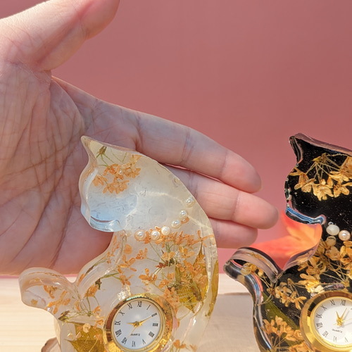 【感謝価格】 金木犀入り 猫時計（白、黒背面）と 六角キーホルダーもしくは その他