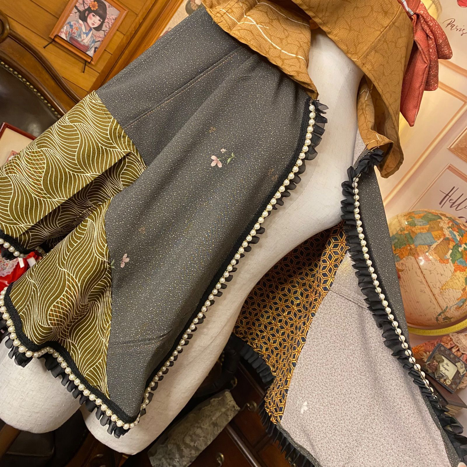 着物リメイクポンチョケープ 和装コート フード付き パールフリル ハイカラおりぼん 和洋折衷 ブラウン系 PK-5