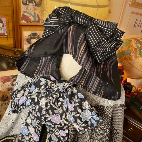 着物リメイクポンチョケープ 和装コート フード付き パールフリル