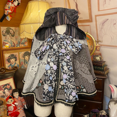 着物リメイクポンチョケープ 和装コート フード付き パールフリル