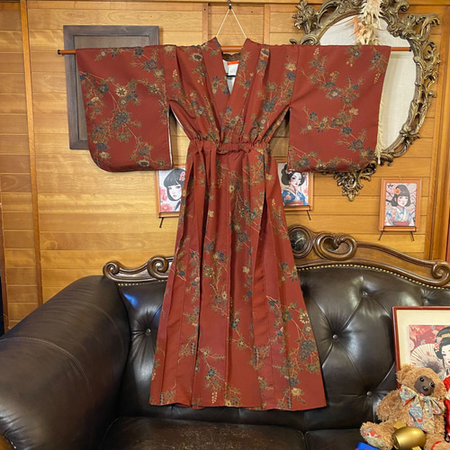 リメイク着物ロングワンピース 名古屋帯サッシュベルト和洋折衷 全体に