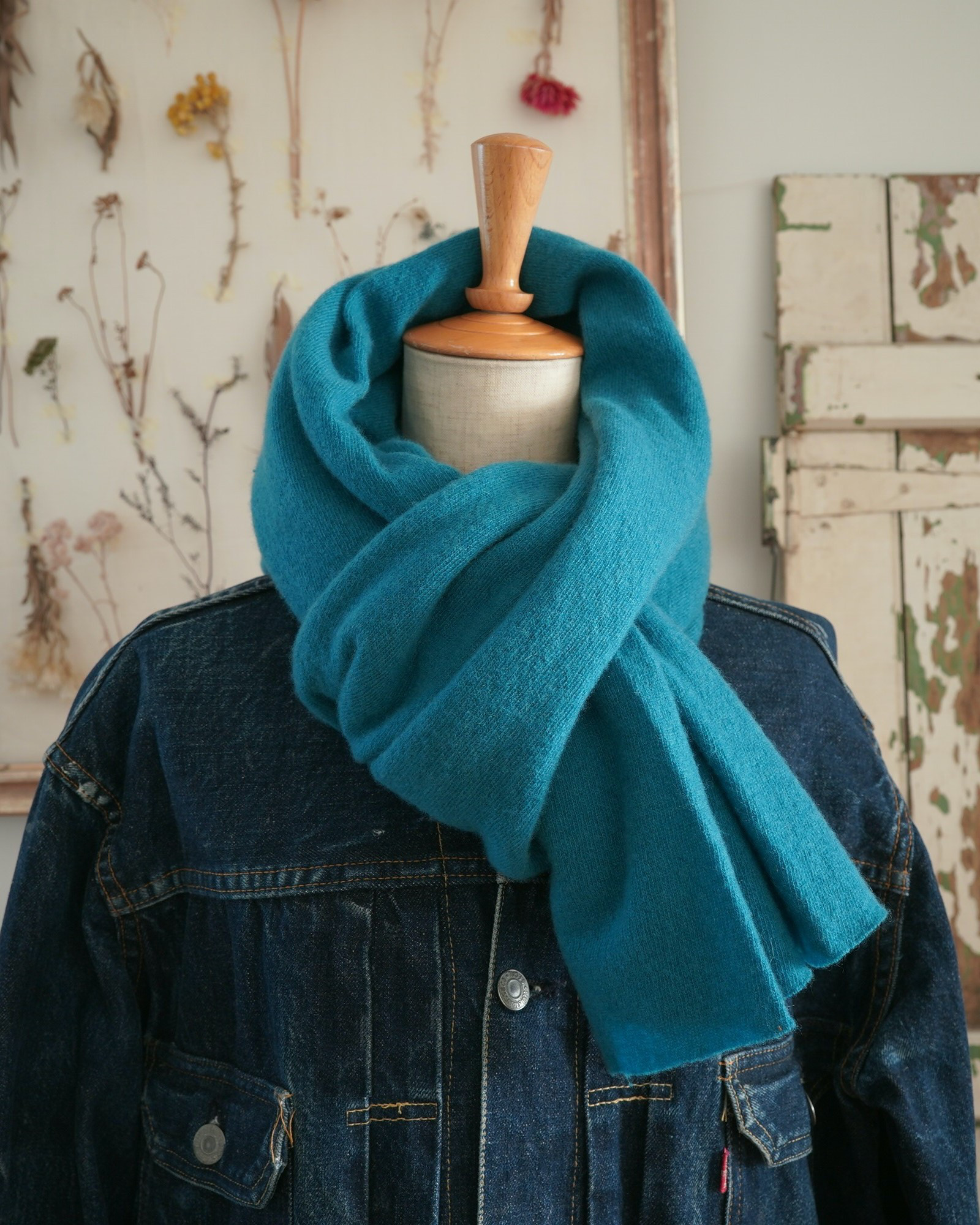 ○ピーコックブルー○ ピュアカシミア100% ウォッシャブル ストール 丸胴編み