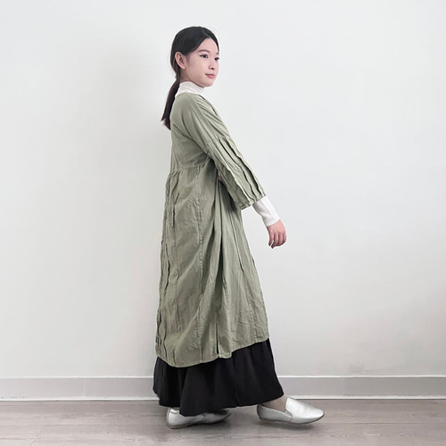草木染めワンピース❤灰緑色❤リネン&コットン】長袖│ふんわり