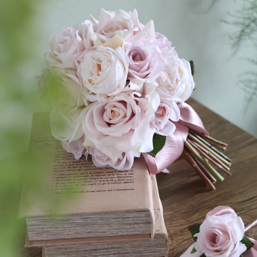 ロマンティックローズブーケ ブートニア付き 造花ブーケ 韓国風ブーケ