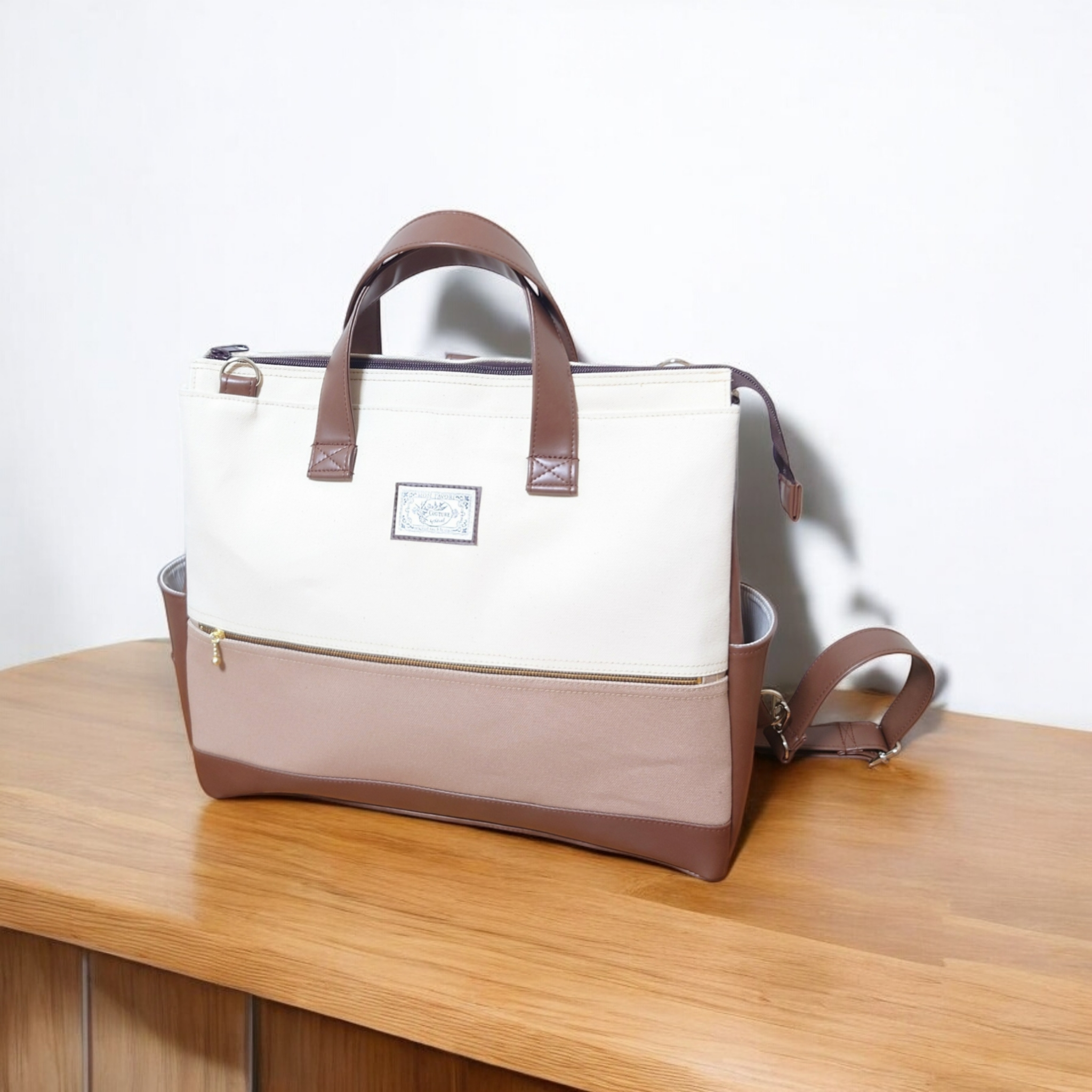 4way生成りとカフェオレ帆布と焦げ茶合皮の四角いリュック＋バック（大）（横型）帆布や合皮の色変更可（受注製作) 11,388円