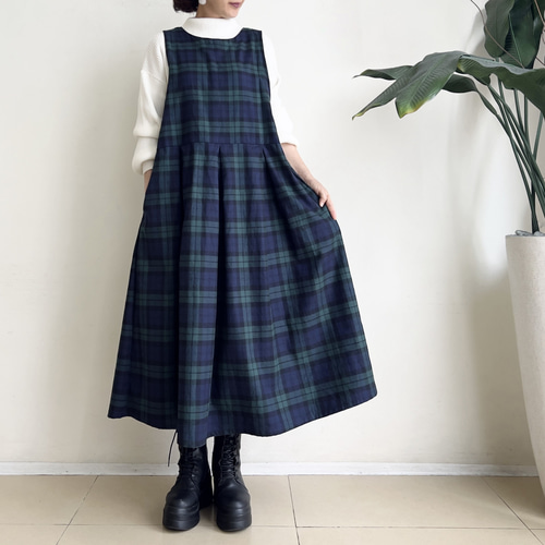 ジャンパースカート 暖かな微起毛素材 * Navy X Green タータン 