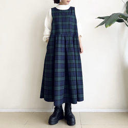 ジャンパースカート 暖かな微起毛素材 * Navy X Green タータン