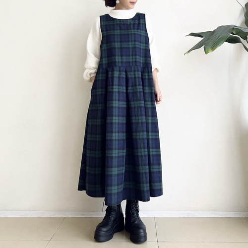 ジャンパースカート 暖かな微起毛素材 * Navy X Green タータン