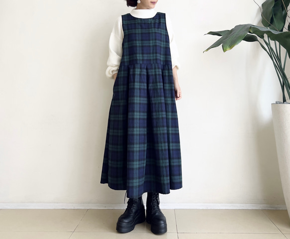 ジャンパースカート 暖かな微起毛素材 * Navy X Green タータン ジャンパースカート 暖かな微起毛素材 * Navy X Green タータン