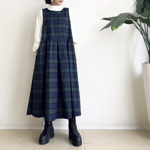 ジャンパースカート 暖かな微起毛素材 * Navy X Green タータン