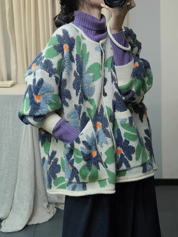 新作). 手編みセーターニット クルーネックニット カーディガン