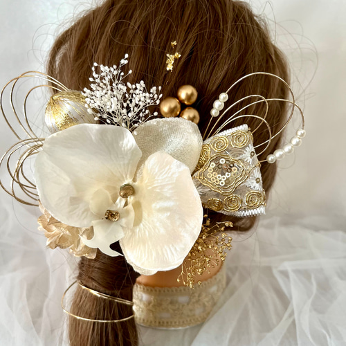 胡蝶蘭和装髪飾り 金の胡蝶蘭とリボンの髪飾り 結婚式 卒業式 成人式 七五三 豪華胡蝶蘭髪飾り15本セットゴールド 結婚式 成人式 七五三 水引
