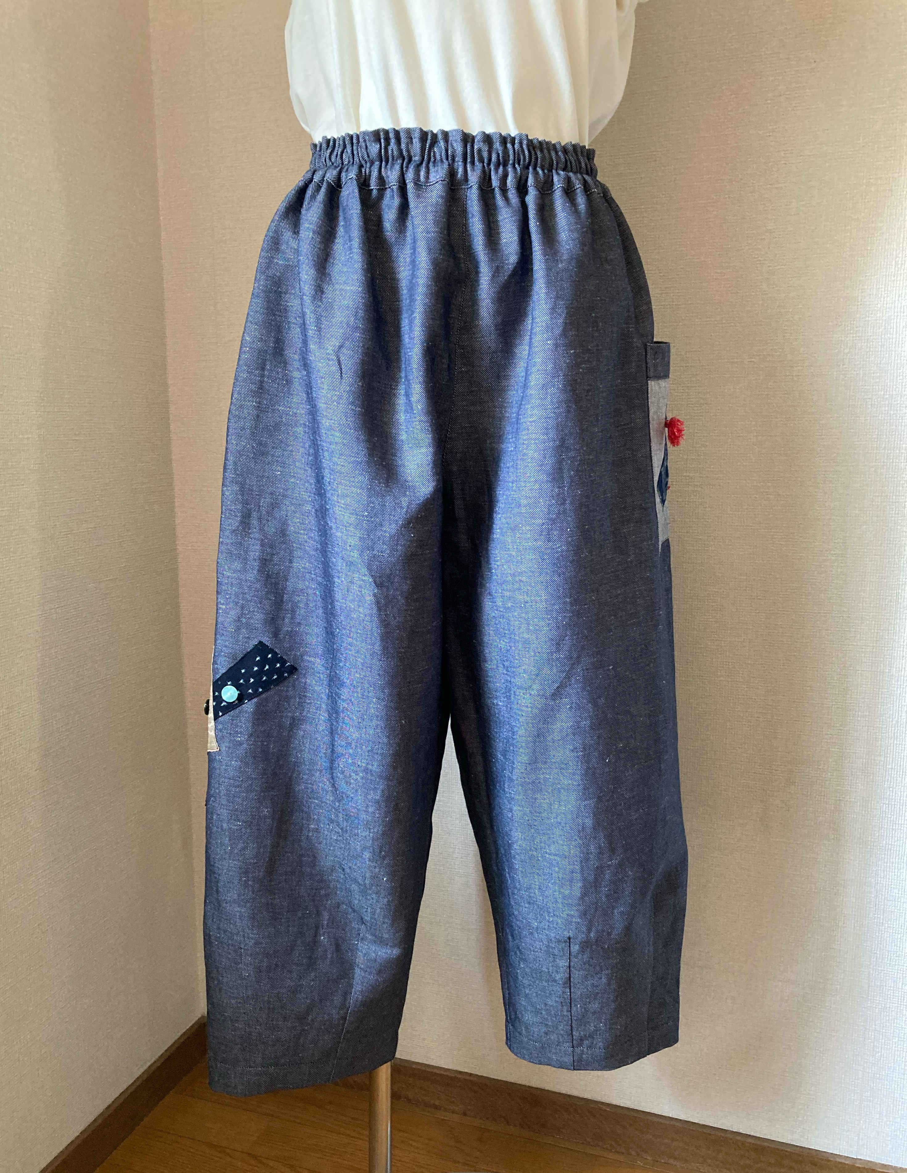 シンプルパンツ　デニムパンツ　ハンドメイド　古布パッチ　綿麻　黒 6,408円