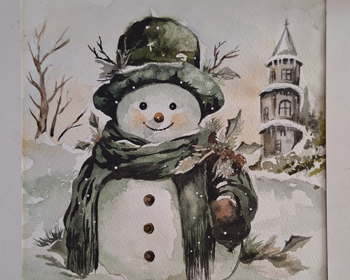 絵画　雪だるまとペンギン 2　A4サイズ　原画　額縁無し 絵画 雪だるまとペンギン 2 A4サイズ 原画 額縁無し - メルカリ