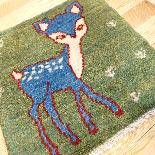 秋入荷】ペルシャ ギャッベ ミニマット 40x40㎝ バンビ 緑色