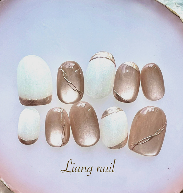 ベージュマグネット×パール ネイルチップ ベージュマグネット×ホワイトパール ネイルチップ（つけ爪） Liang