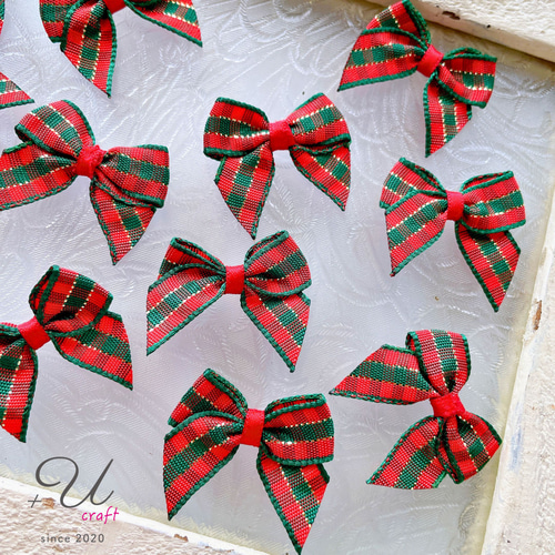 1070【サテンチェックリボンパーツ/12ヶ】クリスマスカラー デコパーツ