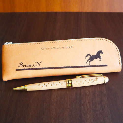 早割価格】☆ 馬選べる 木製ボールペン&栃木レザーペンケース 名入れ可