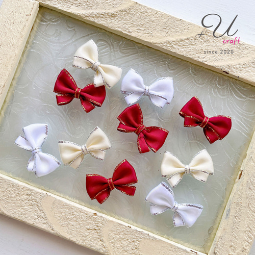 1081【サテンリボンパーツ/10ヶ】ワインレッド×ゴールド デコパーツ